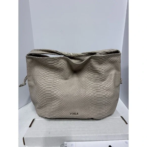 Furla Beige Python Embossed Leather Hobo Shoulder Bag Large Italy w Dust Ba - Picture 2 of 15